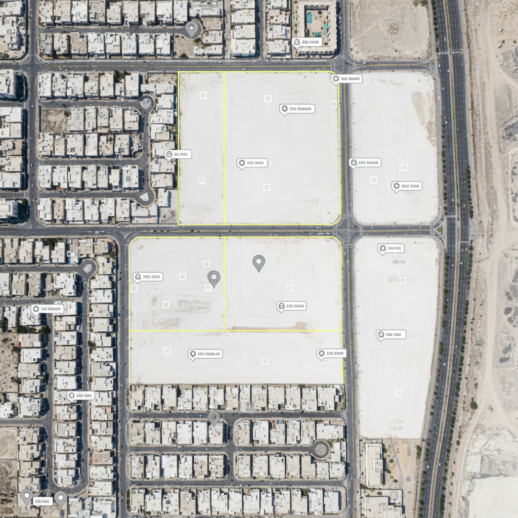 لقطة جوية فوتوغرافية لجزء من مدينة حائل تُظهر تقسيمات عقارية واضحة: أحياء سكنية بمنازل متجاورة ذات أسطح فاتحة، قطع أراضٍ بيضاء خالية محددة بحدود ترابية مستقيمة، وشوارع رئيسية عريضة. فوق الصورة، طبقة شفافة خفيفة لأيقونات خرائط حديثة على شكل مربعات ومسامير موقع، مع أرقام تصنيفية صغيرة تشير إلى الإعلانات العقارية. الإضاءة ضوء نهار ساطع من أعلى يخلق وضوحاً تاماً في تفاصيل الشوارع والقطع. التكوين بنمط خرائطي شبه عمودي، حدة عالية في كامل الإطار، مع أسلوب فوتوغرافي نظيف يربط بين الواقع العمراني وفكرة الأرشفة الرقمية للعقارات.