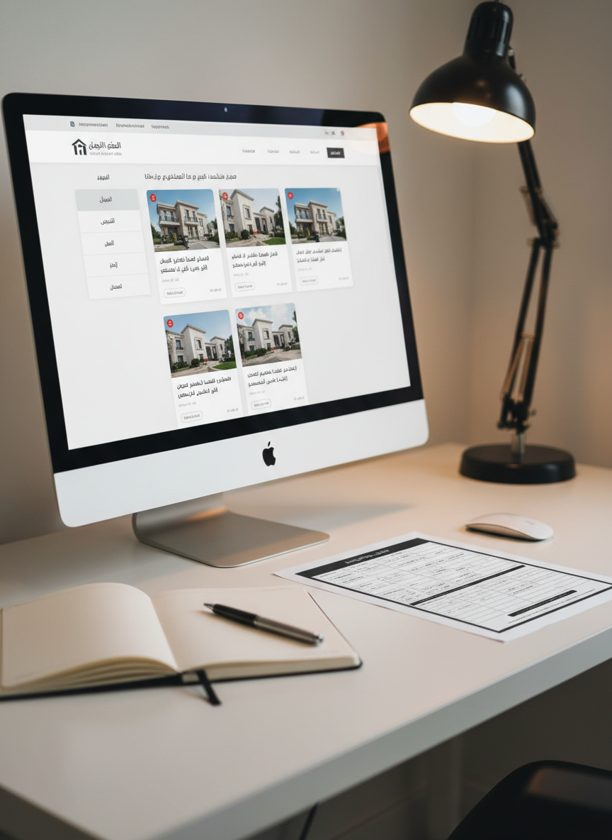 شاشة حاسوب مكتبي كبيرة على مكتب أبيض بسيط تعرض واجهة موقع عقاري عربي منظم يشبه "إنماز العقارية"، تظهر قوائم جانبية مصنّفة بوضوح مثل "شقق"، "فلل"، "أراضي"، مع بطاقات إعلانية تحتوي صور عقارات مصغّرة وعناوين عربية قصيرة. بجانب الشاشة دفتر ملاحظات مفتوح بقلم معدني، وعلى الطرف الأيمن نموذج مطبوع لإعلان عقاري جاهز يحمل حقولاً مرتبة. الإضاءة من مصباح مكتبي علوي دافئ ممزوج بضوء نهار خفيف من نافذة غير ظاهرة، ما يخلق توازناً مريحاً. التكوين من زاوية مائلة خفيفة مع عمق ميدان ضحل يركّز على الشاشة والنموذج الورقي بأسلوب فوتوغرافي حديث ونظيف.