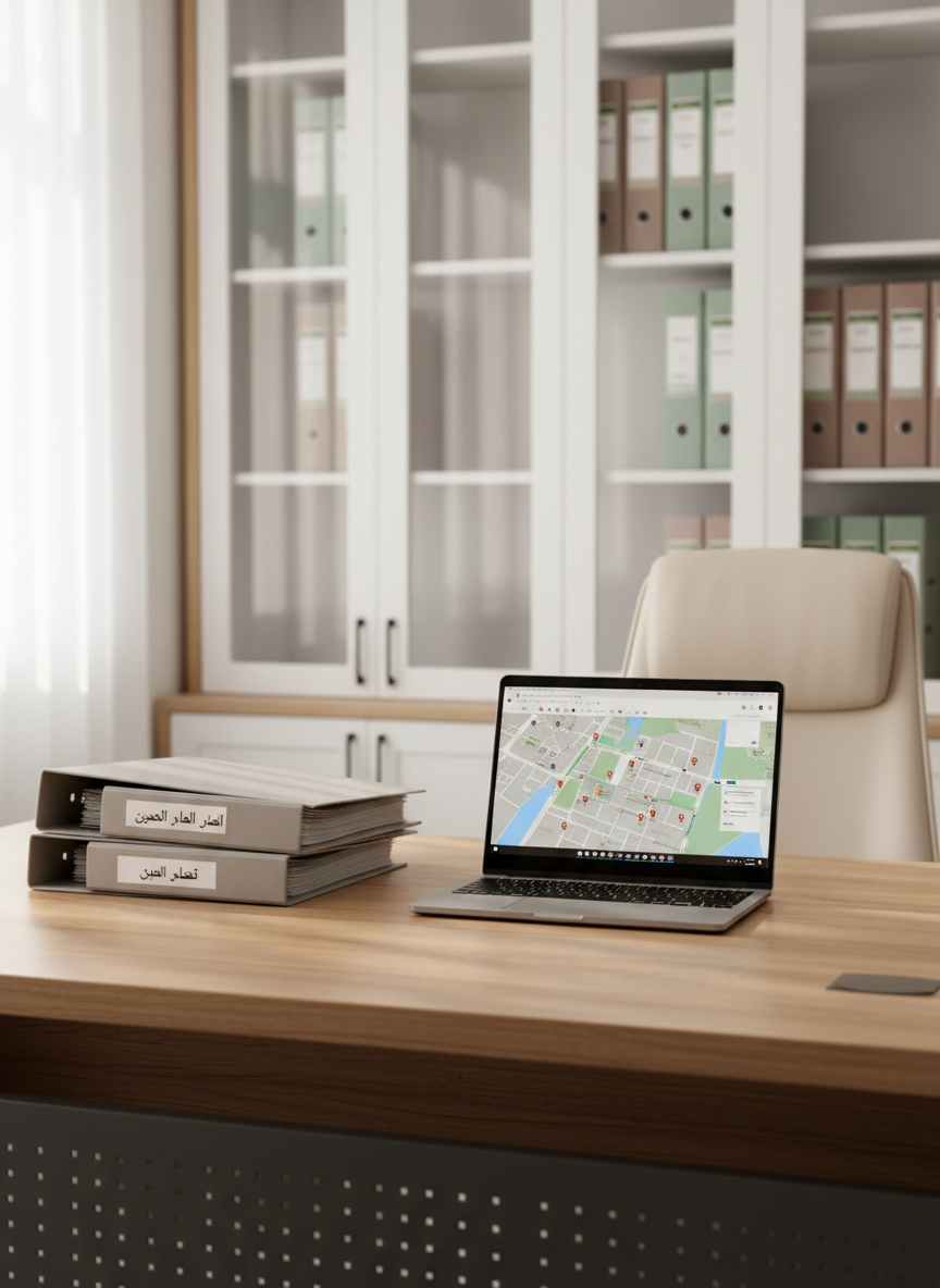 مكتب عقاري أنيق بديكور حديث مخصص لإدارة إعلانات العقارات في حائل، طاولة عمل كبيرة من خشب الجوز الفاتح عليها حاسوب محمول مفتوح يعرض خريطة حائل مع علامات لعقارات مختلفة، بجانبه ملفّات مرتبة تحمل عناوين طباعة عربية مثل "أرشيف الإيجار" و"أرشيف البيع". في الخلفية خزائن بيضاء بأبواب زجاجية تحتوي على مجلدات مصنّفة بألوان هادئة. الإضاءة ناعمة من نافذة جانبية تسمح بدخول ضوء نهار ساطع لكنه منتشر، يخلق انعكاسات خفيفة على سطح الطاولة. الصورة بتكوين أفقي مركّز على مساحة العمل، بأسلوب فوتوغرافي نظيف واحترافي يجسّد التنظيم والأرشفة.