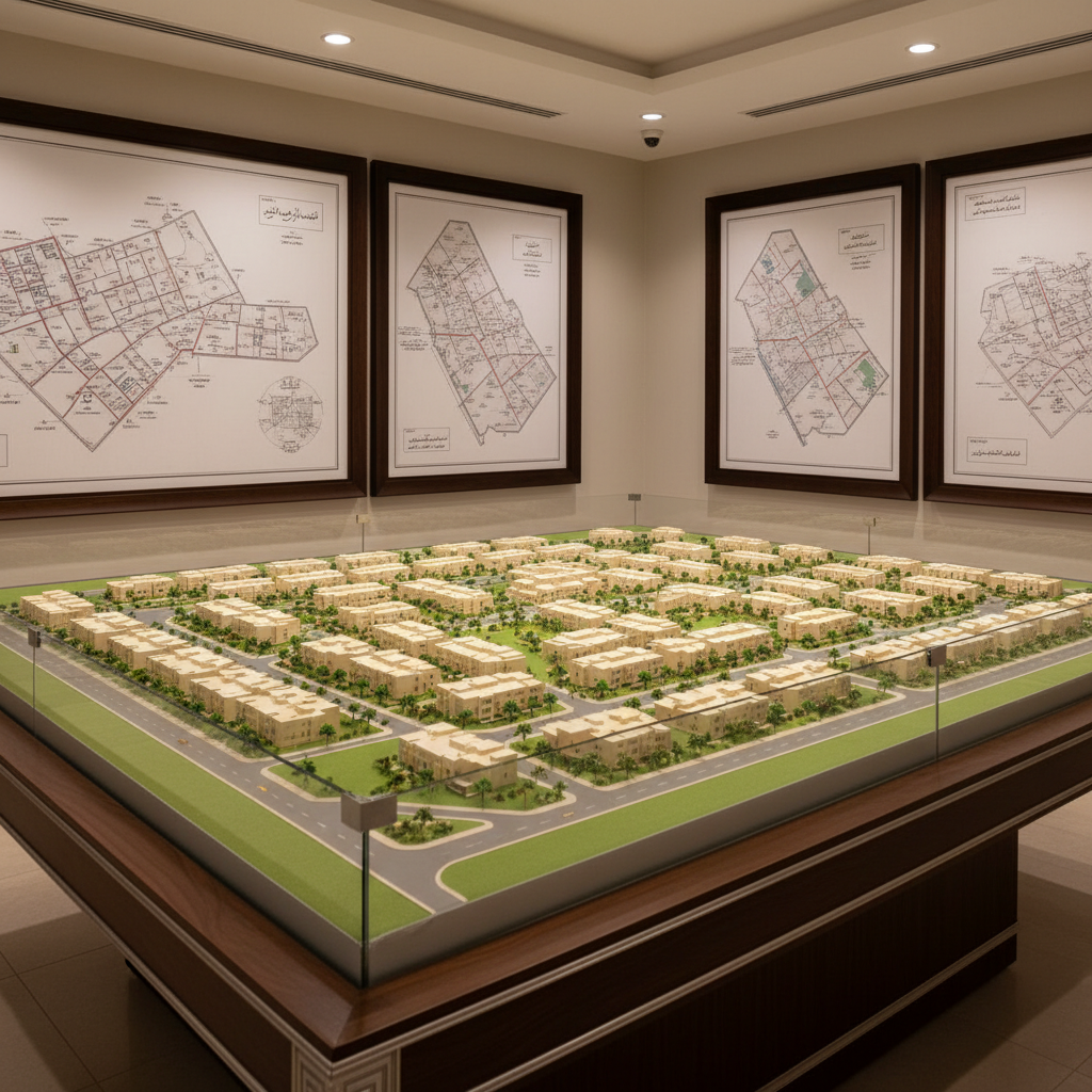 غرفة عرض عقارية راقية بدون أشخاص، في منتصفها مجسّم ثلاثي الأبعاد لحي سكني في حائل موضوع على طاولة خشبية داكنة ذات حواف معدنية. المباني المصغّرة بلون رملي فاتح، الشوارع رمادية ناعمة، ومناطق خضراء صغيرة موزعة بعناية. على الجدار الخلفي لوحات كبيرة مؤطرة لخرائط مخططات أراضٍ في حائل، مع رموز وكتابات عربية واضحة. الإضاءة سبوت لايت دافئة موجهة نحو المجسّم، تخلق ظلالاً دقيقة تبرز التفاصيل، مع إضاءة محيطية خافتة في الغرفة. الكاميرا بارتفاع متوسط مع زاوية مائلة توضح العمق، الجو احترافي وهادئ يعكس دقة التخطيط العقاري.