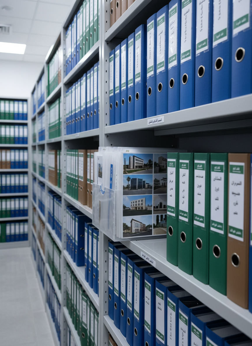 رفوف أرشيف معدنية أنيقة بلون رمادي فاتح ممتدة على طول غرفة منظمة، كل رف مملوء بمجلدات سميكة بألوان موحدة تحمل على حوافها ملصقات عربية مطبوعة مثل "عقارات حائل السكنية"، "العقارات التجارية"، "المشاريع المستقبلية". على أحد الرفوف صندوق أرشفة مفتوح يحتوي ملفات شفافة تظهر في مقدمتها صور مصغّرة لعقارات مطبوعة بدقة عالية. الإضاءة علوية بيضاء ناعمة توزع الضوء بالتساوي دون ظلال حادة، ما يبرز الإحساس بالنظام والدقة. الكاميرا بزاوية ممر جانبية تمتد في العمق لإظهار تكرار الرفوف، تركيز حاد في الوسط مع تدرج طفيف للغشاوة نحو الخلف، بأسلوب فوتوغرافي واقعي واحترافي.