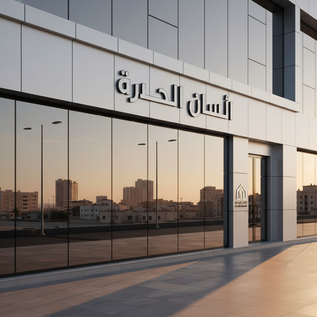 واجهة مبنى تجاري عصري يحمل لافتة أنيقة باسم "إنماز العقارية" بخط عربي حديث، الواجهة مكسوّة بالزجاج العاكس والألمنيوم الفضي، تعكس أفق مدينة حائل مع مزيج من المباني السكنية والتجارية في الخلفية. الشعار العقاري يظهر بوضوح على اللوحة الزجاجية بجانب الباب. الإضاءة هي ضوء غروب ذهبي ناعم ينعكس على الزجاج ويكوّن ظلالاً طويلة على الرصيف النظيف. الكاميرا بزاوية عين الإنسان مع تكوين وفق قاعدة الثلث، عمق مجال متوسط يحافظ على حدة تفاصيل الواجهة مع خلفية مدينة حائل بشكل فوتوغرافي واقعي، جو احترافي وموثوق يناسب موقع إعلانات عقارية.